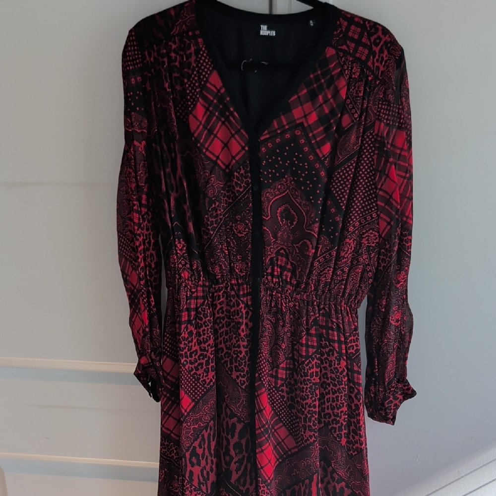 The Kooples Red and Black Geometric Long Sleeve Dress